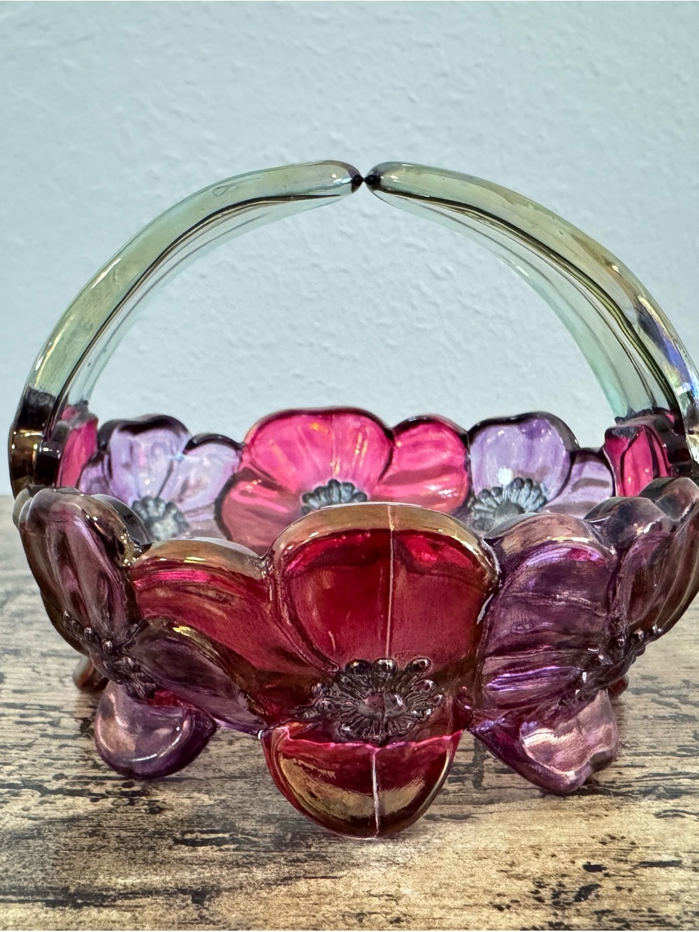 Pink & Purple Floral Glass Basket Decorative Art Glass Dish - Picture 2 of 12